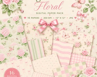 Salbei & Rosa Floral Digital Paper Pack, Coquette Scrapbook Papier, Shabby Chic Muster, Vintage Rose Papiere, 16 JPG Hintergründe