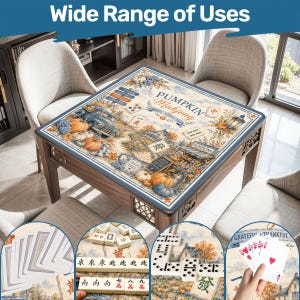 May include: A wooden mahjong table with a decorative Pumpkin Mahjong design. The table has a blue border and is surrounded by chairs. The image includes the text "Wide Range of Uses" and close-ups of mahjong tiles, dominoes, and playing cards.