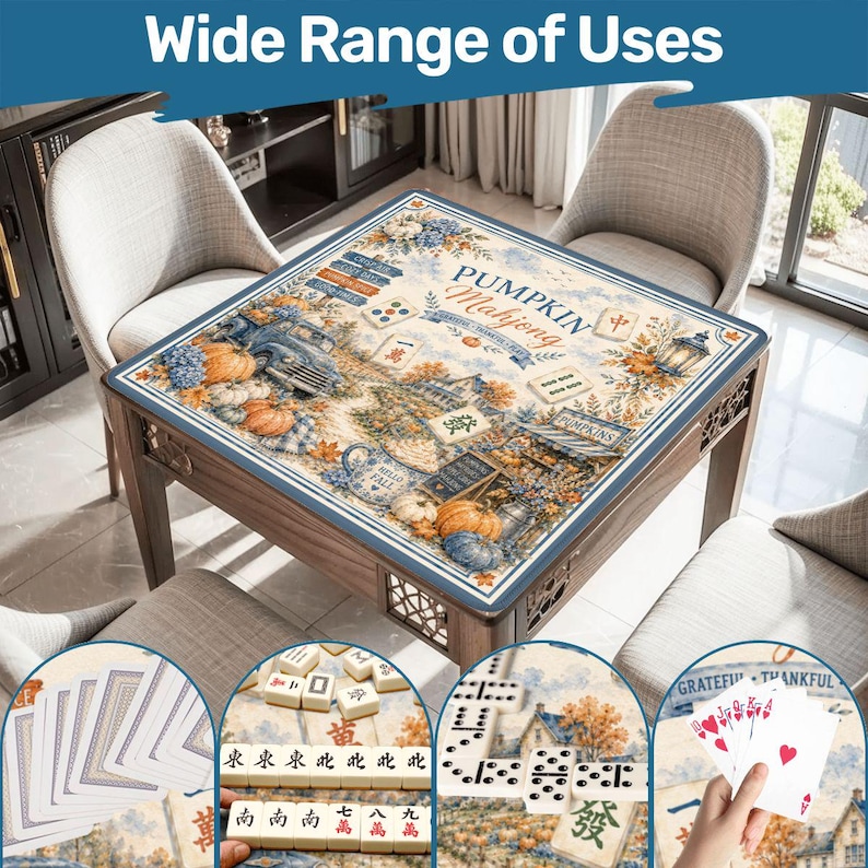 May include: A wooden mahjong table with a decorative Pumpkin Mahjong design. The table has a blue border and is surrounded by chairs. The image includes the text "Wide Range of Uses" and close-ups of mahjong tiles, dominoes, and playing cards.