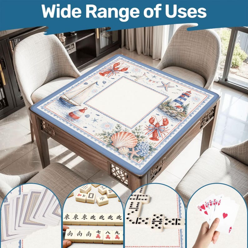 May include: A square wooden table with a nautical-themed design. The table features a blue border with illustrations of a sailboat, lighthouse, lobster, and seashells. The text "Wide Range of Uses" is at the top. The table is surrounded by chairs, and examples of games are shown.