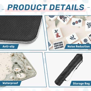 May include: A product detail graphic featuring a black anti-slip mat texture, white mahjong tiles for noise reduction, a waterproof mat surface with a snowman illustration, and a black cylindrical storage bag with an adjustable shoulder strap.
