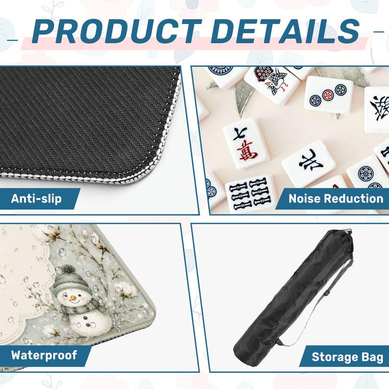 May include: A product detail graphic featuring a black anti-slip mat texture, white mahjong tiles for noise reduction, a waterproof mat surface with a snowman illustration, and a black cylindrical storage bag with an adjustable shoulder strap.