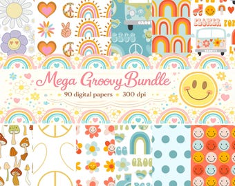 Pacchetto di carte digitali Groovy, disegni retrò floreali pastello e arcobaleno per scrapbooking, baby shower, lavoretti primaverili, faccine sorridenti, linee ondulate