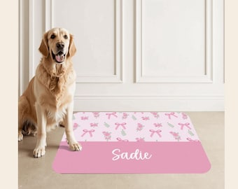 Pet Food Mat, Dog cat bowl feeding placemat, Pink Coquette Bow Design with name