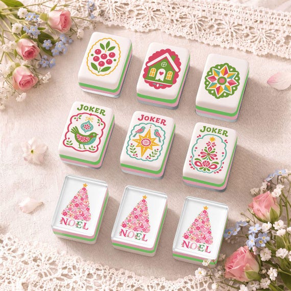 Folk Christmas Mahjong Tiles, Pink Holiday Mahjong Tile Set, Noel Christmas Tree, Festive Mahjong Gift, Pink Green Holiday Mah Jongg Tiles