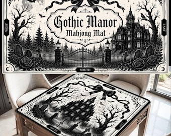 Gothic Manor Mahjong Mat, Haunted House Mahjong Mat, Halloween Mahjong Mat, Black and White Gothic Mahjong Mat