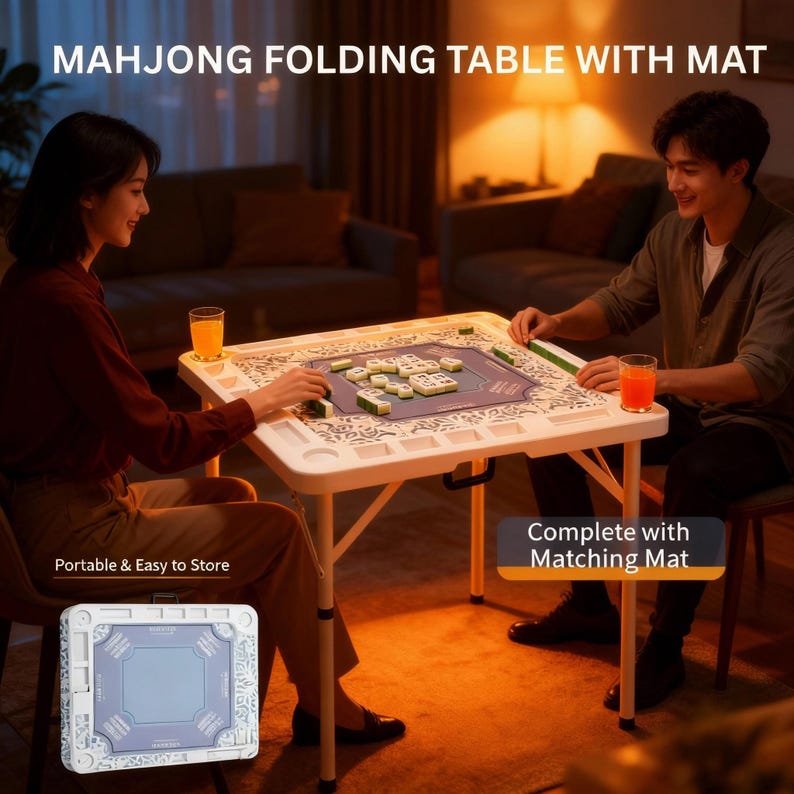 Puede incluir: Mesa de Mahjong plegable blanca con una esterilla a juego, con un dise&ntilde;o detallado. La mesa est&aacute; lista para jugar, con fichas dispuestas sobre la esterilla. Tambi&eacute;n se ve el texto "Portable & Easy to Store".