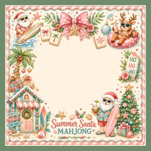 May include: A watercolour illustration with a beach theme. Santa Claus and a reindeer are enjoying summer activities. The image includes a beach shop, Christmas tree, surfboards, and the text "Summer Santa Mahjong."