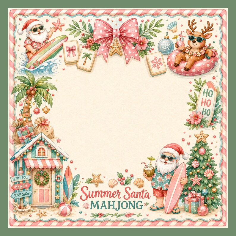 May include: A watercolour illustration with a beach theme. Santa Claus and a reindeer are enjoying summer activities. The image includes a beach shop, Christmas tree, surfboards, and the text "Summer Santa Mahjong."