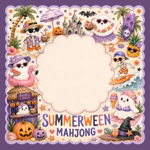 May include: A square decorative frame featuring a scalloped edge and a central blank space. The border displays skeletons and ghosts in tropical beach attire, palm trees, a sandcastle, pumpkins, and surfboards. The text reads SUMMERWEEN MAHJONG.
