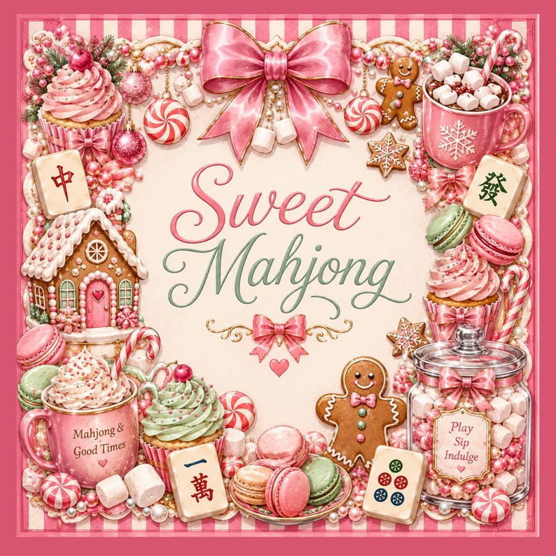 May include: A whimsical illustration with a pink and cream color scheme, featuring cupcakes, macarons, gingerbread men, and candy. The words "Sweet Mahjong" are displayed prominently. Decorative elements include bows, pearls, and Mahjong tiles. A jar of marshmallows is also visible.
