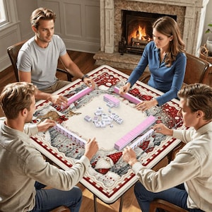 May include: A square game table featuring a festive holiday-themed surface with illustrations of a deer, a snowman, and a gnome. Four people are seated around the table, which is set with white mahjong tiles and pink tile racks.