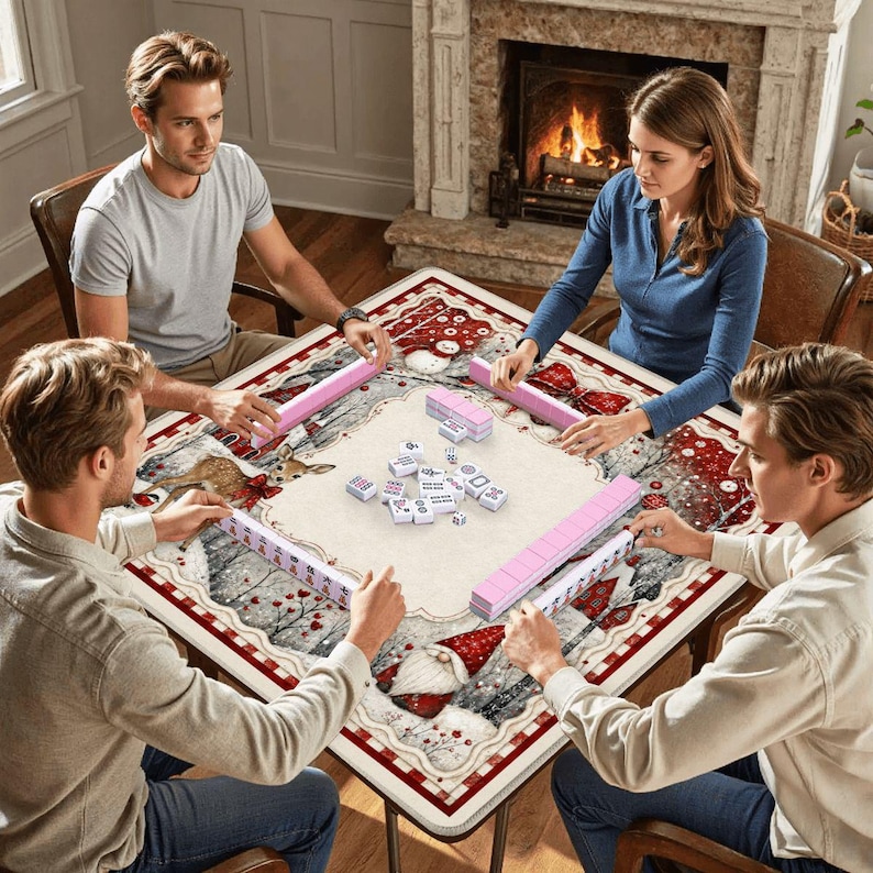 May include: A square game table featuring a festive holiday-themed surface with illustrations of a deer, a snowman, and a gnome. Four people are seated around the table, which is set with white mahjong tiles and pink tile racks.