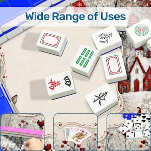 May include: A collection of white Mahjong tiles with blue, green, and red markings, including characters and symbols. The image features the text Wide Range of Uses and includes smaller inset panels showing a row of tiles, playing cards, and dominoes.