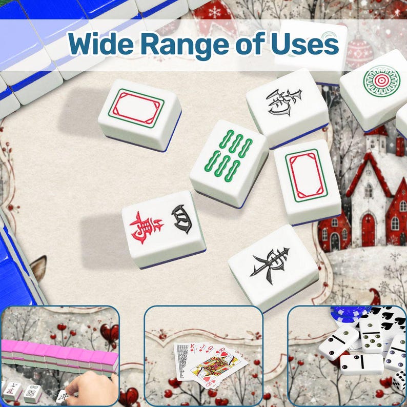 May include: A collection of white Mahjong tiles with blue, green, and red markings, including characters and symbols. The image features the text Wide Range of Uses and includes smaller inset panels showing a row of tiles, playing cards, and dominoes.