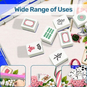 May include: A collection of white rectangular mahjong tiles featuring green, red, and black engraved symbols. The image includes the text Wide Range of Uses and smaller inset panels showing pink tiles, playing cards, and white dominoes.