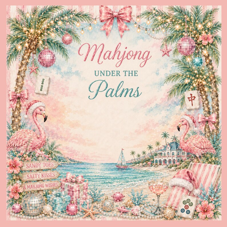 May include: A whimsical illustration with the text "Mahjong Under the Palms." Features pink flamingos in Santa hats, palm trees with Christmas lights, and a beach scene with gifts and mahjong tiles. The color palette includes pink, blue, and white.