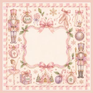 May include: A watercolor illustration with a pink and white checkered border. The image features a central blank space surrounded by pink bows, ornaments, a ballerina, nutcrackers, and a gingerbread house. The ornaments have the text "BAM", "CRAK", and Chinese characters.