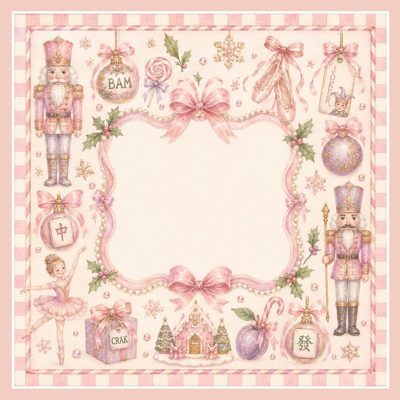 May include: A watercolor illustration with a pink and white checkered border. The image features a central blank space surrounded by pink bows, ornaments, a ballerina, nutcrackers, and a gingerbread house. The ornaments have the text "BAM", "CRAK", and Chinese characters.