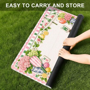 May include: A rectangular mat with a white wood-grain background, featuring a border of pink and green stripes, pink hydrangea flowers, lemons, a striped paddle, and mahjong tiles. The text EASY TO CARRY AND STORE is printed at the top.