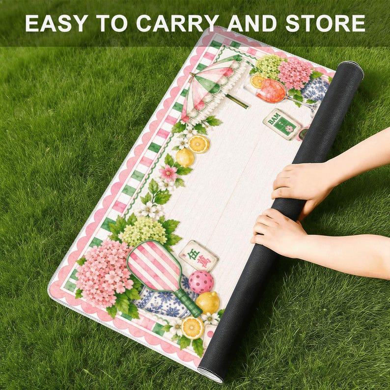 May include: A rectangular mat with a white wood-grain background, featuring a border of pink and green stripes, pink hydrangea flowers, lemons, a striped paddle, and mahjong tiles. The text EASY TO CARRY AND STORE is printed at the top.