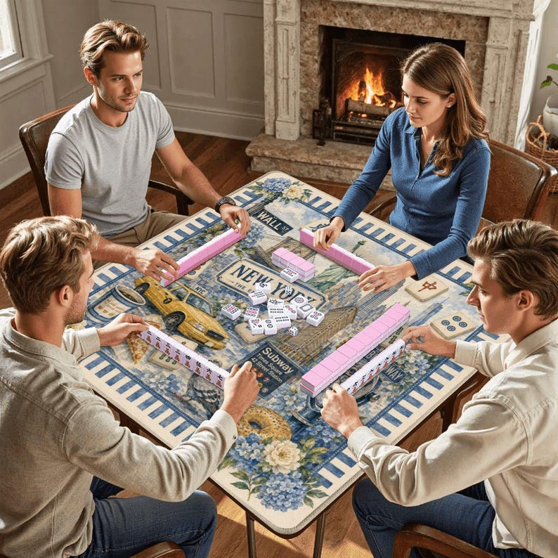 May include: A group of four people playing a game of Mahjong. The game is set on a square table with a New York City-themed design, featuring a yellow taxi, subway signs, and floral patterns. Pink tile racks and tiles are visible.