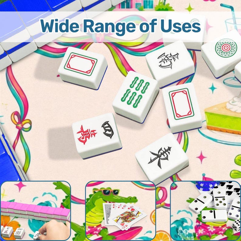 May include: A collection of white Mahjong tiles with green, red, and black symbols, featuring the text Wide Range of Uses. The image includes smaller panels showing pink tiles, playing cards with a crocodile, and black and white dominoes.