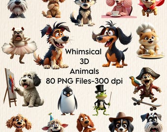 Quirky Animals Clipart Bundle | Whimsical 3D Animal PNG Files for Scrapbooking, Sublimation, Quirky dog cat Digital Art, Funny Pet Graphics