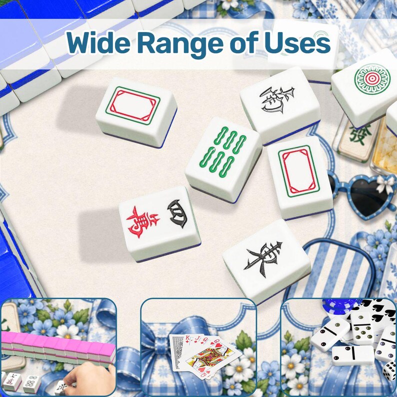 May include: White Mahjong tiles with various symbols and designs, including red and green accents. The image also shows playing cards, dominoes, and sunglasses. Text at the top reads "Wide Range of Uses".