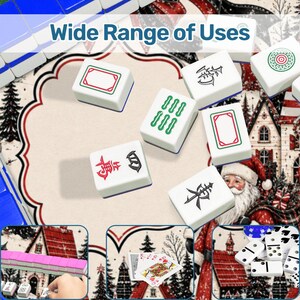 May include: A collection of white Mahjong tiles with green, red, and black symbols, alongside playing cards and dominoes. The background features a festive winter scene with a Santa Claus illustration and the text Wide Range of Uses.
