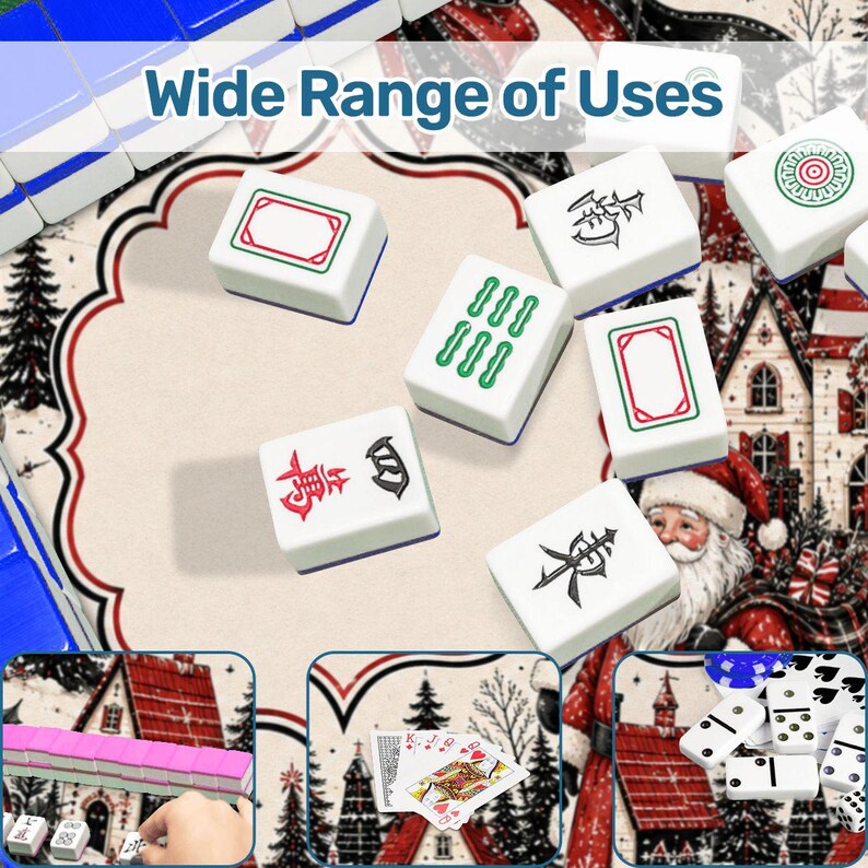 May include: A collection of white Mahjong tiles with green, red, and black symbols, alongside playing cards and dominoes. The background features a festive winter scene with a Santa Claus illustration and the text Wide Range of Uses.