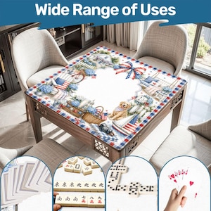 May include: A square table cover featuring a patriotic theme with red, white, and blue plaid borders, illustrations of a golden retriever, a sailboat, and floral arrangements. The design includes a central white space and various game elements.
