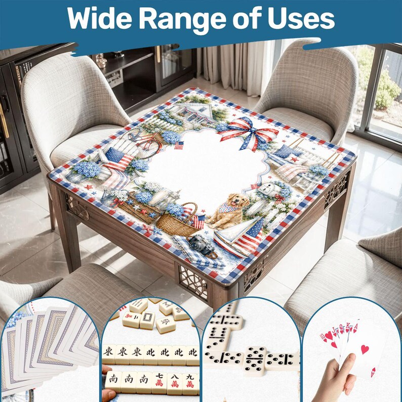 May include: A square table cover featuring a patriotic theme with red, white, and blue plaid borders, illustrations of a golden retriever, a sailboat, and floral arrangements. The design includes a central white space and various game elements.