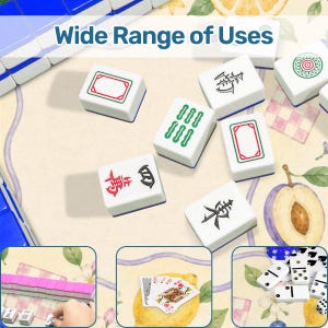 May include: A collection of white Mahjong tiles with blue, green, and red markings, including characters and symbols. The image features the text Wide Range of Uses and includes smaller inset photos showing Mahjong tiles, playing cards, and dominoes.