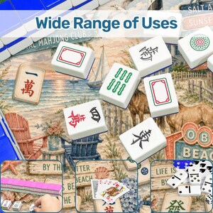 May include: A collection of white mahjong tiles featuring various black, red, and green character and symbol engravings, displayed alongside playing cards and dominoes on a beach-themed background with the text Wide Range of Uses.