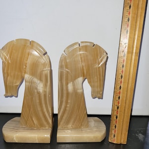 Horse Stone Bust Marble Onyx Bookends Vintage MCM