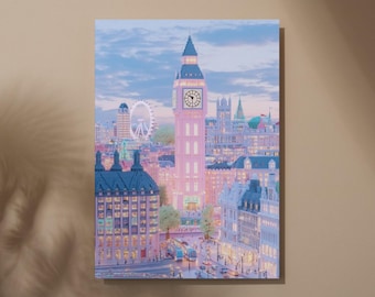 Sztuka ścienna Londynu, wydruk Big Bena, plakat podróżniczy Londynu, pastelowy pejzaż miejski do druku, romantyczny wystrój Londynu, pobieranie cyfrowe