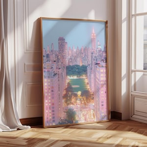 New York City Print NYC Skyline Scene Poster Pastel Central Park Poster Wall Art Trendy NYC Decor New York Wall Decor Pink Wall Art