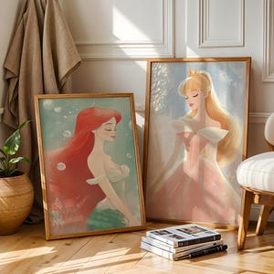 Betoverde sprookjesprinses muurkunst set – elegante verhalenboekafdrukken set van 4, meisjeskamerdecoratie, themakamer prinses, prinsessenkamer