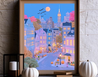 New York City Halloween Print | Empire State Building Autumn Decor, Pumpkin Street Art