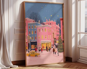 Pink Winter Cityscape Art: Snowy Christmas Town Printable (Digital Download)