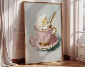 Vintage pinke heiße Kakao Kunstdruck, Urlaub Küche Dekor (digitaler Download)