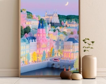 Prague Wall Art Print | Prague Castle City Poster | Czech Republic Travel Decor | Colorful European Architecture | Pastel Cityscape Art