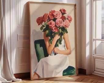 Romantic Woman with Roses Wall Art | Valentine’s Day Printable | Feminine Digital Art