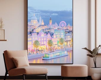 London Wall Art, Pastel London Cityscape Print, Dreamy London Poster, Big Ben Art, Thames River Decor, Whimsical UK Travel Wall Art
