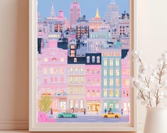 Pastel NYC Skyline Wall Art Poster, New York City Pink Cityscape Print, Dreamy Manhattan Decor, Aesthetic Apartment Wall Art