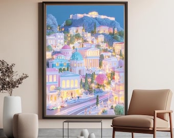 Ateny, Grecja, grafika ścienna, pastelowy wydruk Akropolu, marzycielski plakat z widokiem na Ateny, greckie dekoracje podróżnicze, fantazyjny śródziemnomorski wydruk artystyczny