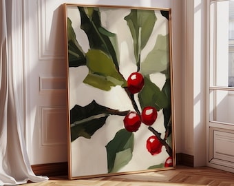 Red Holly Christmas Print: Vintage Style Holiday Wall Art (Digital Download)