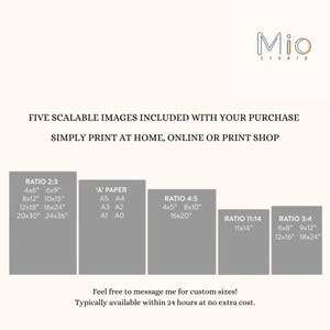 May include: A graphic featuring size ratios for printable images, including 2:3, A paper sizes, 4:5, 11:14, and 3:4. The text indicates that five scalable images are included with purchase, ready to print at home, online, or at a print shop.