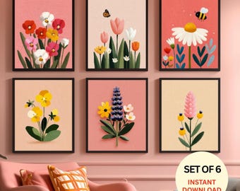 Colorful Floral Wall Art Set of 6 Prints | Cute Flower Nursery Decor | Botanical Kids Room Art | Cottagecore Wall Art | Printable Flower Art